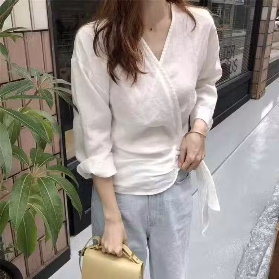 全新日式设计感交叉侧边系带收腰长袖衬衫也可做空调罩衫  $ 图片 2