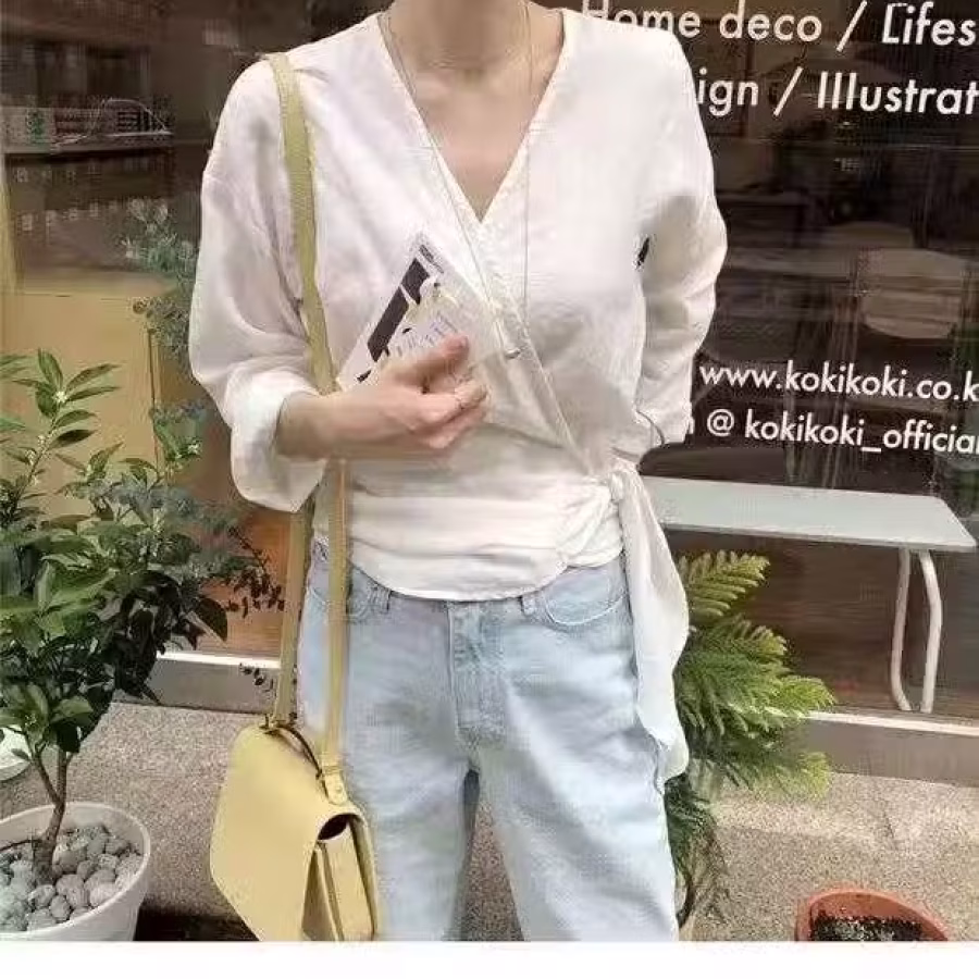 全新日式设计感交叉侧边系带收腰长袖衬衫也可做空调罩衫  $ 图片 4
